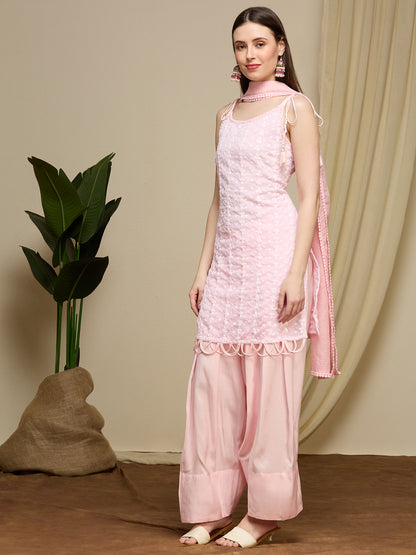 Floral Chikankari Embroidered Straight Fit Kurta with Salwar and Dupatta - Pink