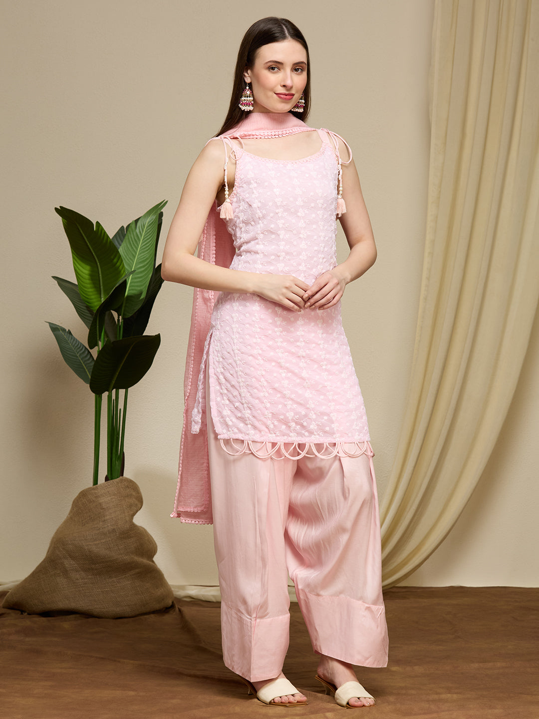 Floral Chikankari Embroidered Straight Fit Kurta with Salwar and Dupatta - Pink