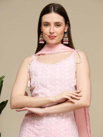 Floral Chikankari Embroidered Straight Fit Kurta with Salwar and Dupatta - Pink