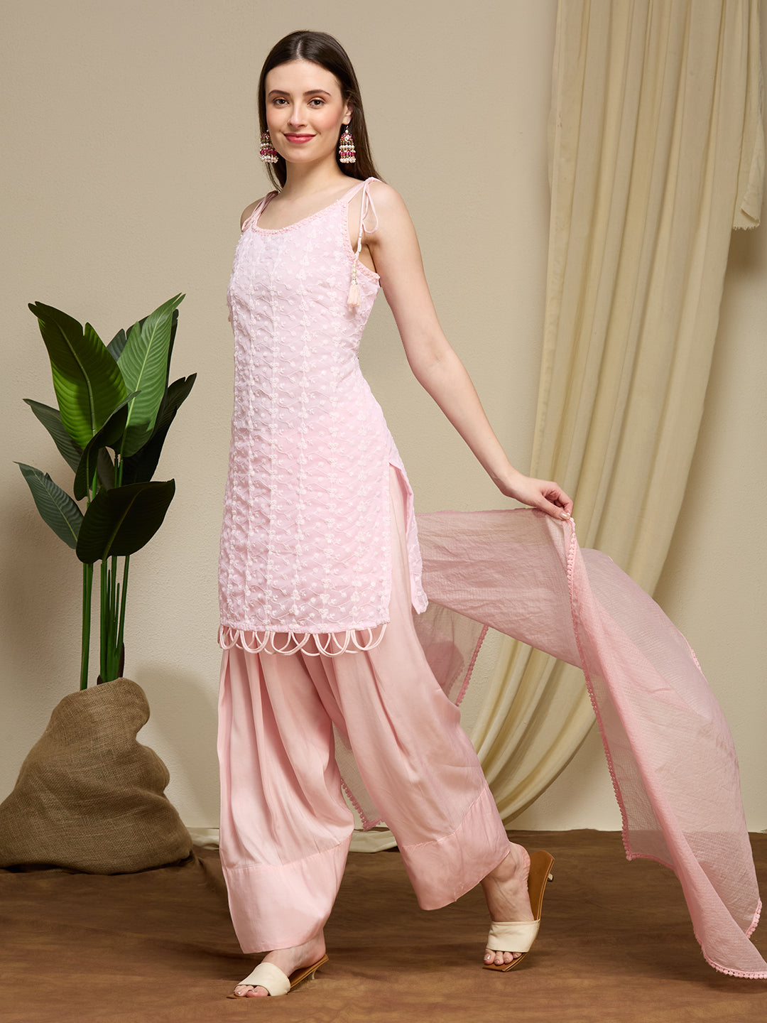 Floral Chikankari Embroidered Straight Fit Kurta with Salwar and Dupatta - Pink