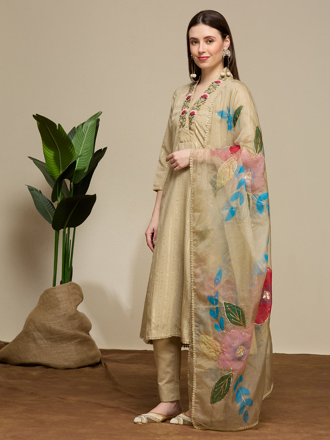 Lurex Striped Floral Embroidered Anarkali with Pant and Hand Painted Dupatta - Beige