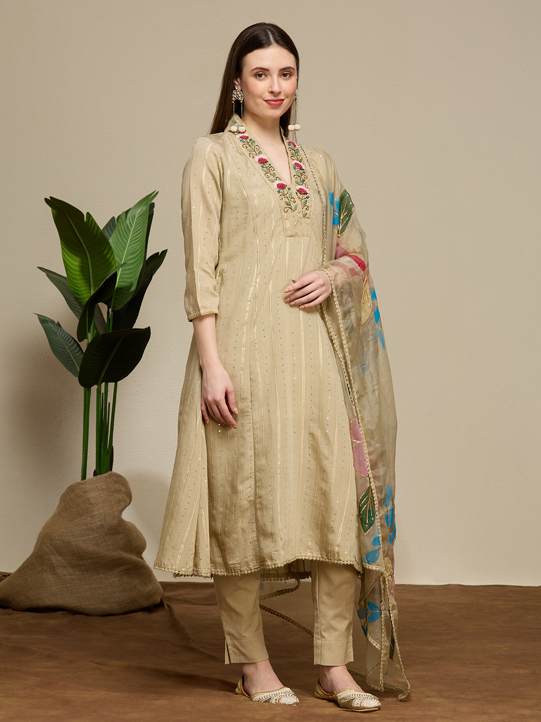 Lurex Striped Floral Embroidered Anarkali with Pant and Hand Painted Dupatta - Beige