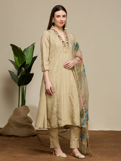 Lurex Striped Floral Embroidered Anarkali with Pant and Hand Painted Dupatta - Beige