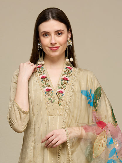 Lurex Striped Floral Embroidered Anarkali with Pant and Hand Painted Dupatta - Beige
