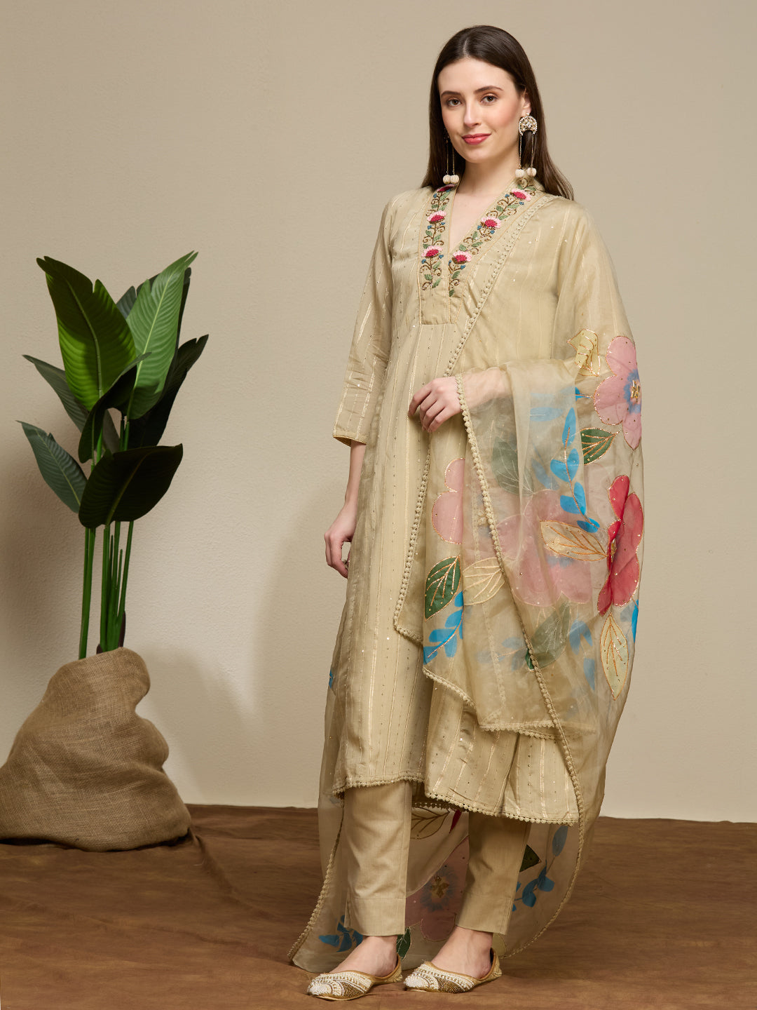 Lurex Striped Floral Embroidered Anarkali with Pant and Hand Painted Dupatta - Beige