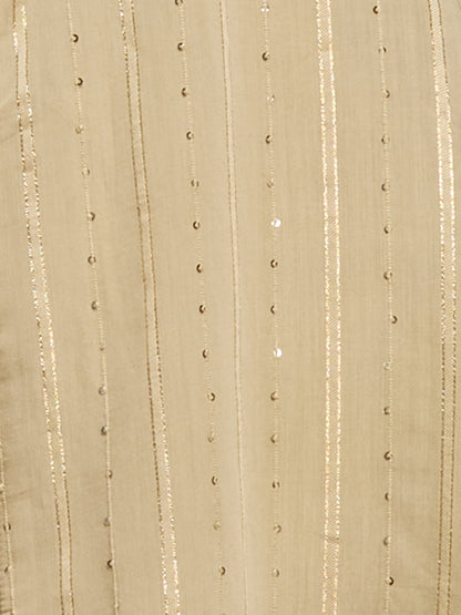 Lurex Striped Floral Embroidered Anarkali with Pant and Hand Painted Dupatta - Beige