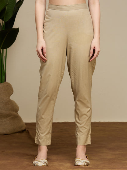 Lurex Striped Floral Embroidered Anarkali with Pant and Hand Painted Dupatta - Beige