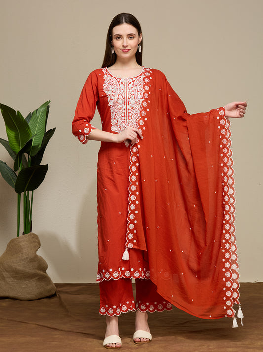 Solid Floral Embroidered Straight Fit Kurta with Palazzo and Dupatta - Rust