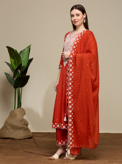 Solid Floral Embroidered Straight Fit Kurta with Palazzo and Dupatta - Rust