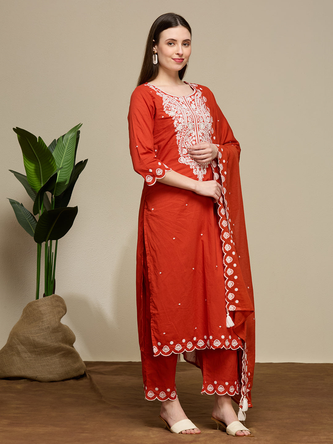 Solid Floral Embroidered Straight Fit Kurta with Palazzo and Dupatta - Rust
