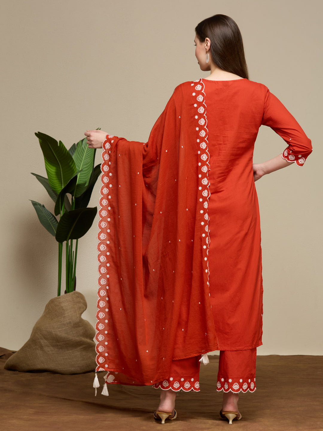 Solid Floral Embroidered Straight Fit Kurta with Palazzo and Dupatta - Rust