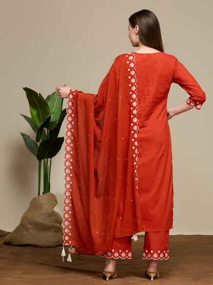 Solid Floral Embroidered Straight Fit Kurta with Palazzo and Dupatta - Rust