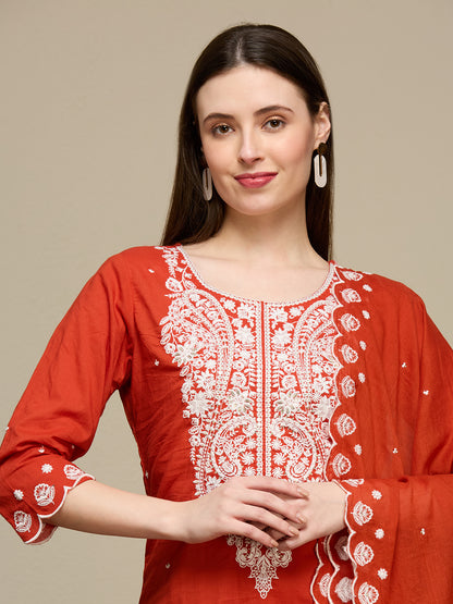 Solid Floral Embroidered Straight Fit Kurta with Palazzo and Dupatta - Rust