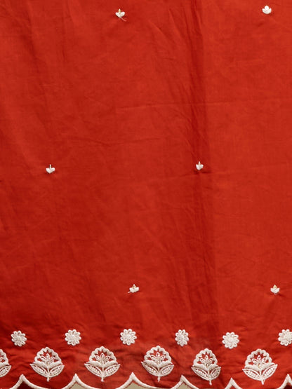Solid Floral Embroidered Straight Fit Kurta with Palazzo and Dupatta - Rust