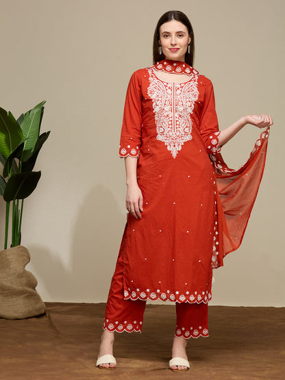Solid Floral Embroidered Straight Fit Kurta with Palazzo and Dupatta - Rust