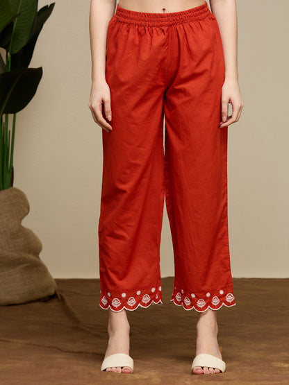 Solid Floral Embroidered Straight Fit Kurta with Palazzo and Dupatta - Rust
