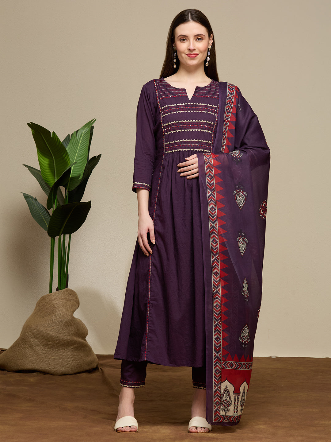 Solid Embroidered A-Line Kurta with Pant & Dupatta - Purple