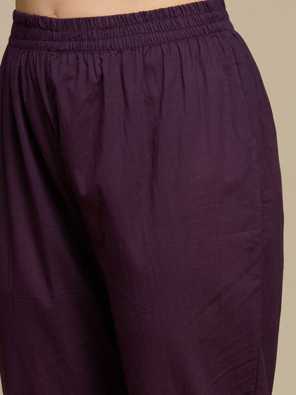 Solid Embroidered A-Line Kurta with Pant & Dupatta - Purple