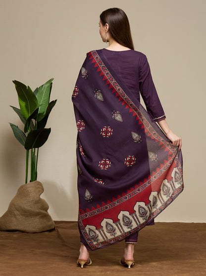 Solid Embroidered A-Line Kurta with Pant & Dupatta - Purple