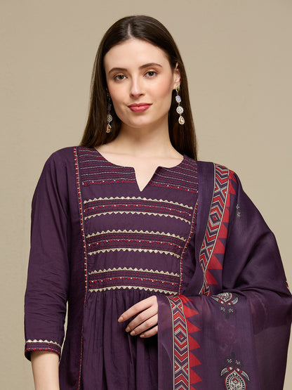 Solid Embroidered A-Line Kurta with Pant & Dupatta - Purple