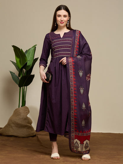 Solid Embroidered A-Line Kurta with Pant & Dupatta - Purple