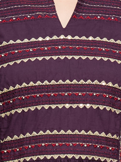 Solid Embroidered A-Line Kurta with Pant & Dupatta - Purple