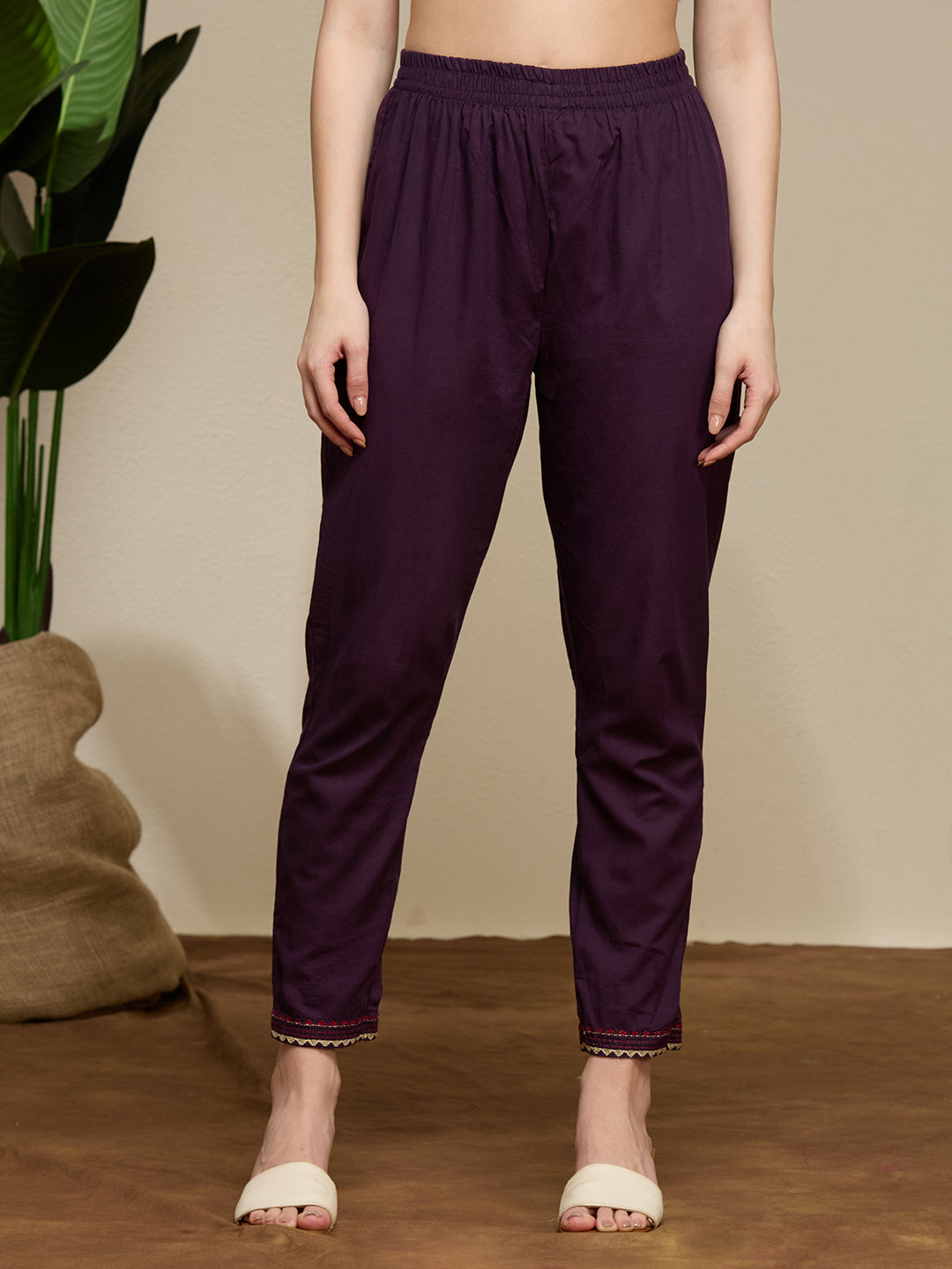 Solid Embroidered A-Line Kurta with Pant & Dupatta - Purple