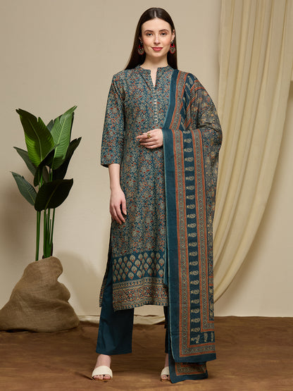 Ajrakh Printed Straight Fit Kurta with Pant and Dupatta - Teal