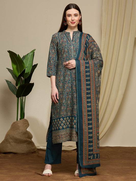 Ajrakh Printed Straight Fit Kurta with Pant and Dupatta - Teal