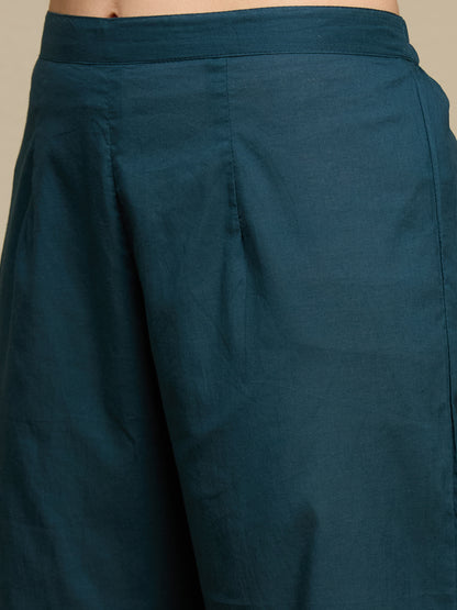 Ajrakh Printed Straight Fit Kurta with Pant and Dupatta - Teal