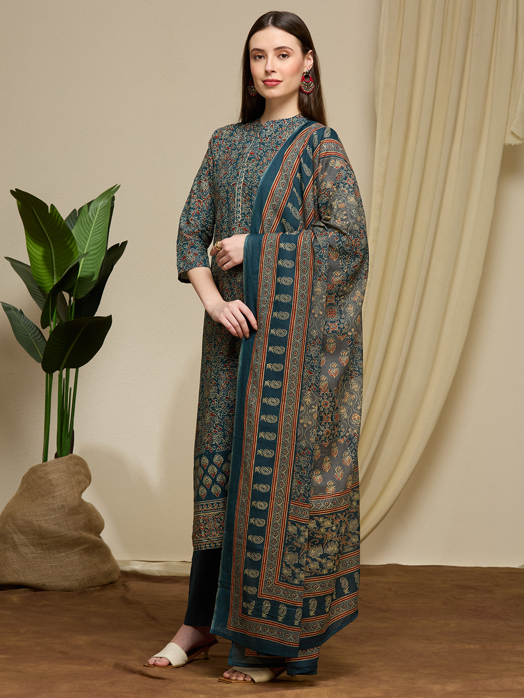 Ajrakh Printed Straight Fit Kurta with Pant and Dupatta - Teal