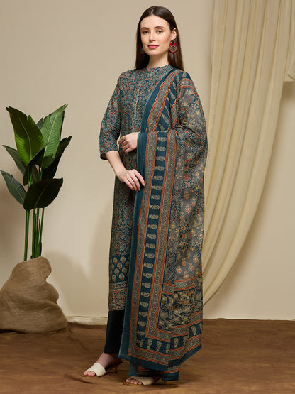 Ajrakh Printed Straight Fit Kurta with Pant and Dupatta - Teal