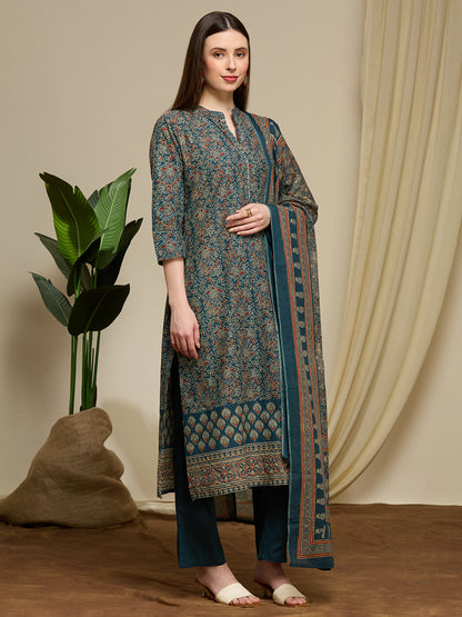 Ajrakh Printed Straight Fit Kurta with Pant and Dupatta - Teal