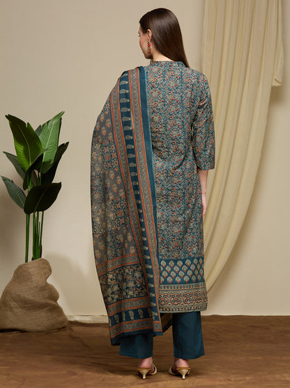 Ajrakh Printed Straight Fit Kurta with Pant and Dupatta - Teal