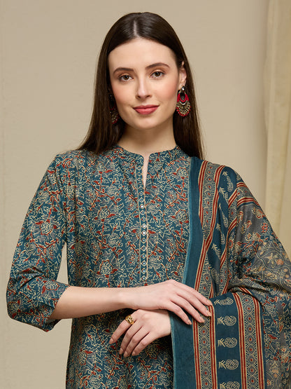 Ajrakh Printed Straight Fit Kurta with Pant and Dupatta - Teal