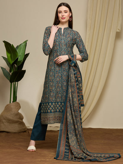 Ajrakh Printed Straight Fit Kurta with Pant and Dupatta - Teal