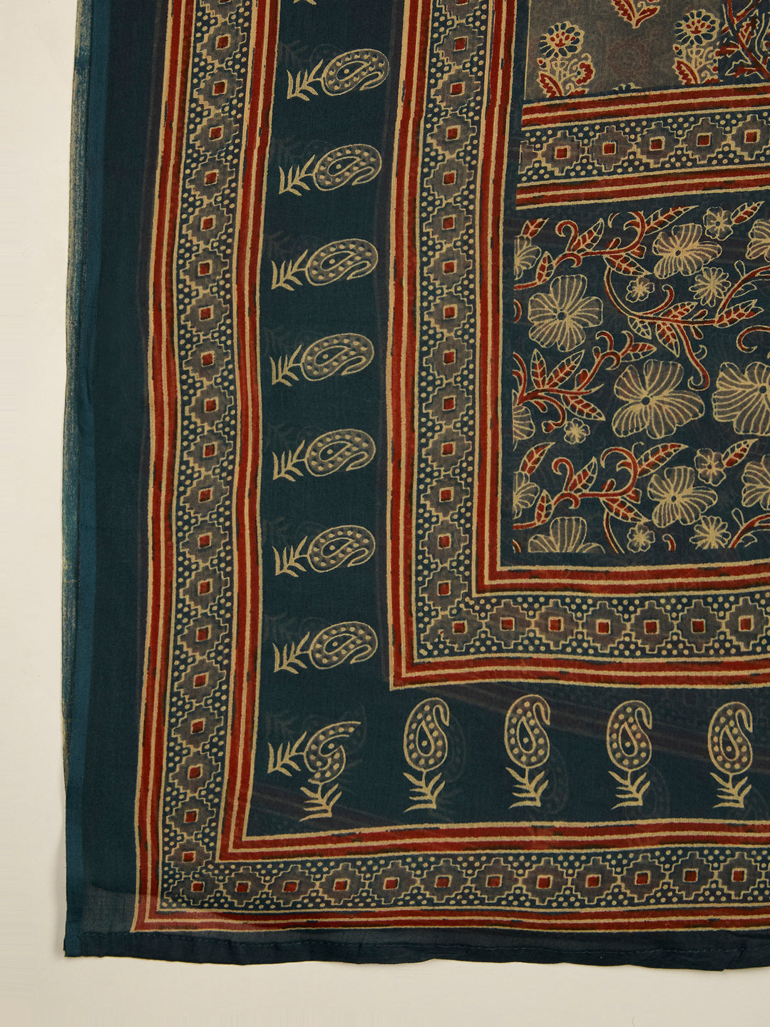 Ajrakh Printed Straight Fit Kurta with Pant and Dupatta - Teal