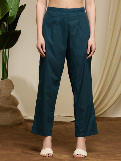 Ajrakh Printed Straight Fit Kurta with Pant and Dupatta - Teal