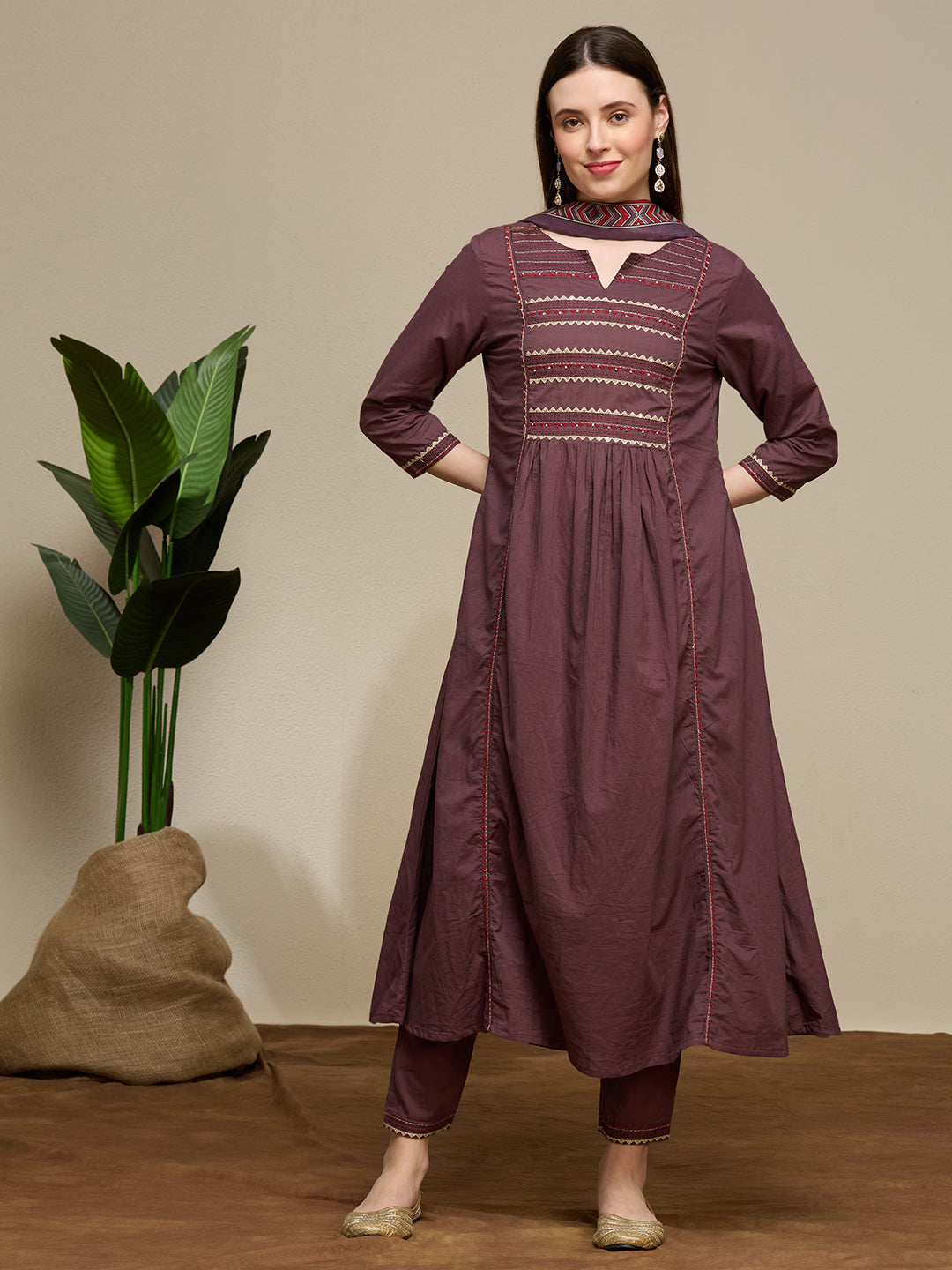 Solid Embroidered A-Line Kurta with Pant & Dupatta - Mauve