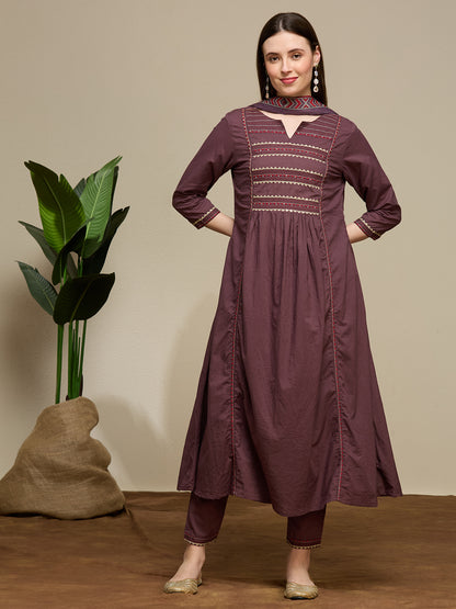 Solid Embroidered A-Line Kurta with Pant & Dupatta - Mauve