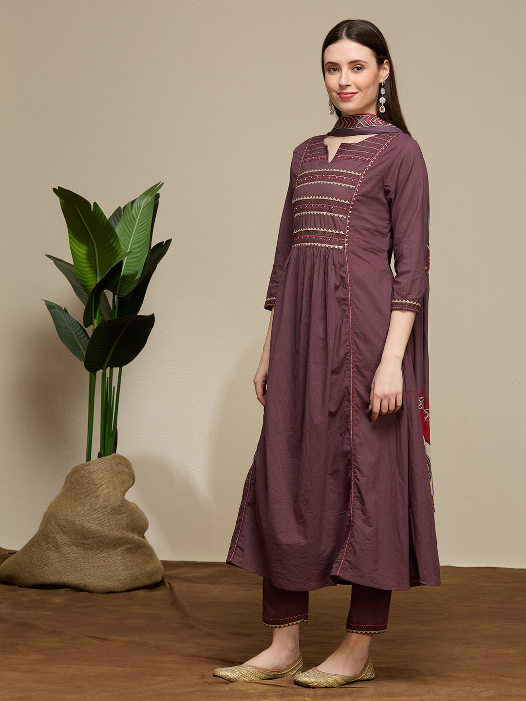 Solid Embroidered A-Line Kurta with Pant & Dupatta - Mauve