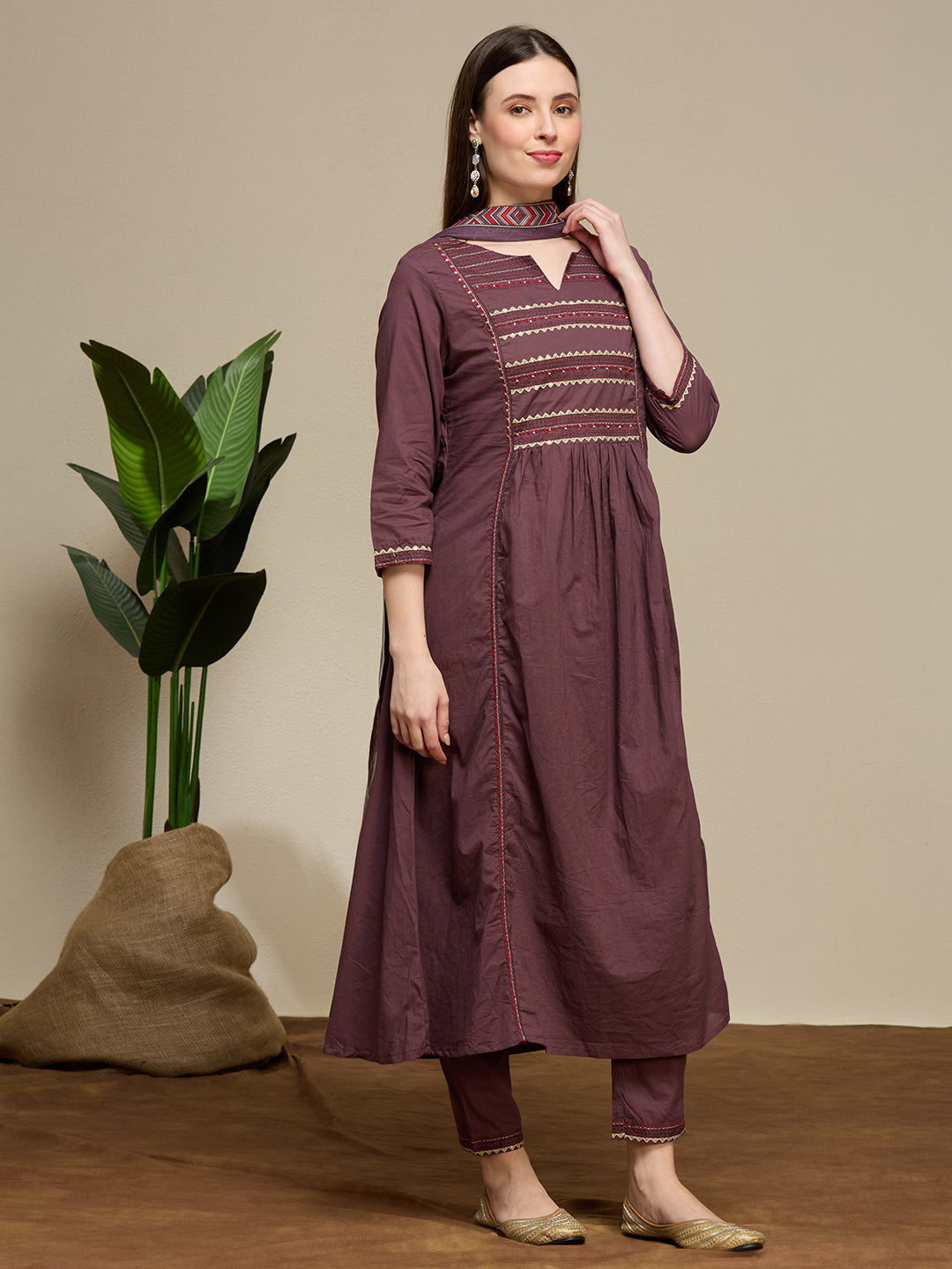Solid Embroidered A-Line Kurta with Pant & Dupatta - Mauve