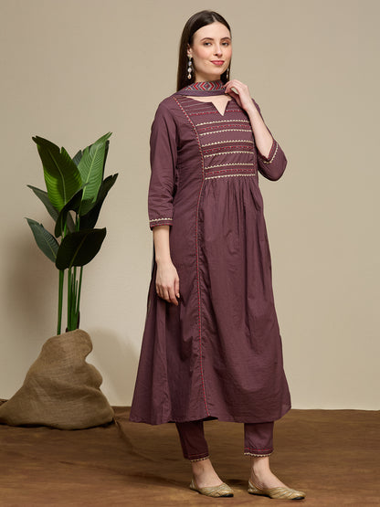 Solid Embroidered A-Line Kurta with Pant & Dupatta - Mauve