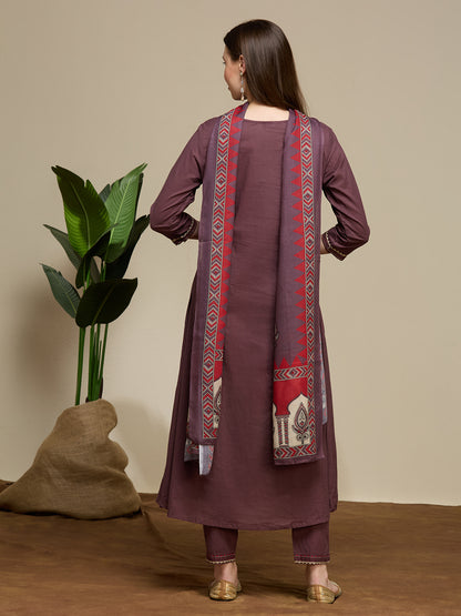 Solid Embroidered A-Line Kurta with Pant & Dupatta - Mauve