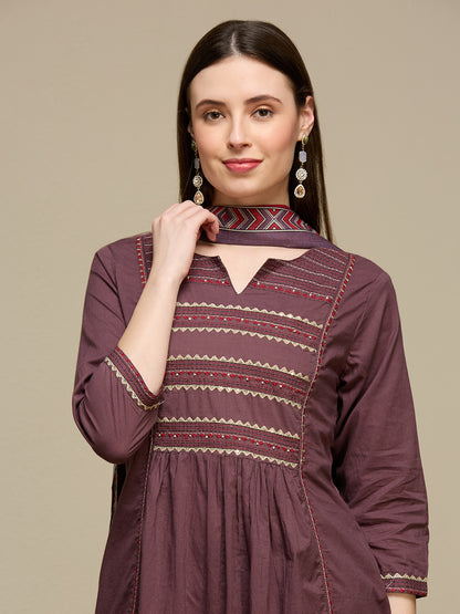 Solid Embroidered A-Line Kurta with Pant & Dupatta - Mauve