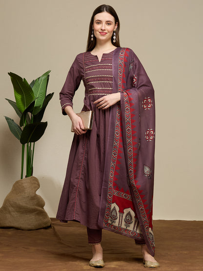 Solid Embroidered A-Line Kurta with Pant & Dupatta - Mauve