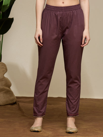 Solid Embroidered A-Line Kurta with Pant & Dupatta - Mauve