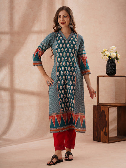 Ethnic Floral Printed Embroidered Straight Fit Kurta - Teal Blue