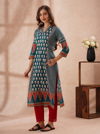 Ethnic Floral Printed Embroidered Straight Fit Kurta - Teal Blue