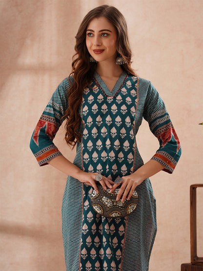 Ethnic Floral Printed Embroidered Straight Fit Kurta - Teal Blue